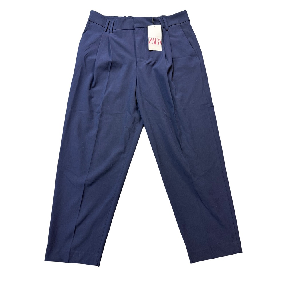 Zara Pleated Trousers NWT Womens 12 Navy Blue New Tapered Elastic Waist Pants